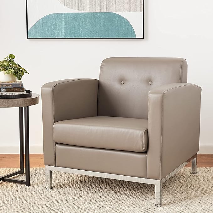 OSP Home Furnishings Wall Street Faux Leather Armchair with Box-Spring Cushion Button Tufted Back and Chrome Finish Base Smoke Grey
