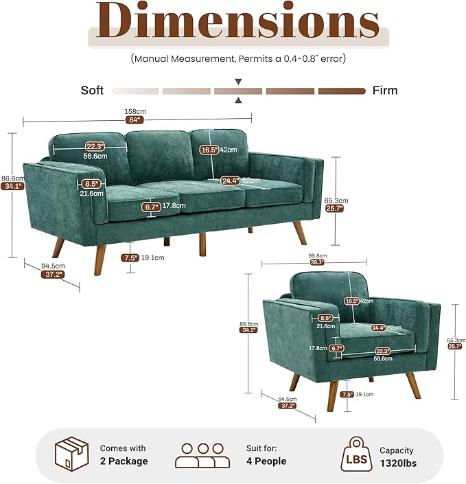 Kingfun Living Room Furniture Sets 3 Seater Couch and Armchair Mid Century Modern Sofa Set Chenille Couch with Solid Wood Frame for Living Room &amp Bedroom Green