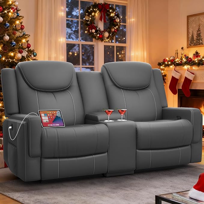 Loveseat Recliner Sofa Gray PU Leather Double Recliner Loveseat with Console Cup Holders Storage &amp USB Ports Ergonomics Manual Reclining Sofa Couch for Living Room RV