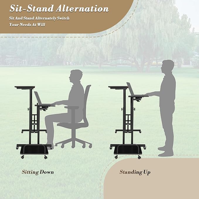 Athena Collection Height-Adjustable Mobile Laptop Stand Cart with CPU Holder Rolling Sit-Stand Desk Workstation for Home Office Black