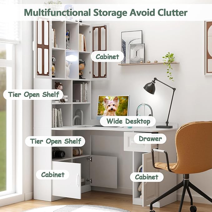 White Corner Desk with Bookshelf 2-in-1 L Shaped Desk with Hutch &amp Drawers Home Office Desk with Shelves &amp Storage Wooden Structure Easy Assembly (White)