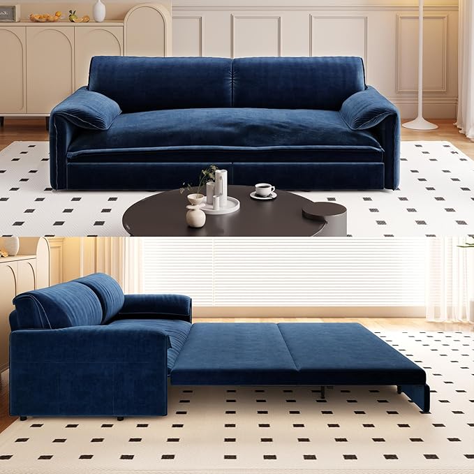 Newfun 66 Futon Sofa Bed 3 in 1 Convertible Sleeper Sofa with Side Storage Velvet Loveseat Bed Pull Out Sofa Bed for Living Room Small Space Bedroom Studio (Blue)