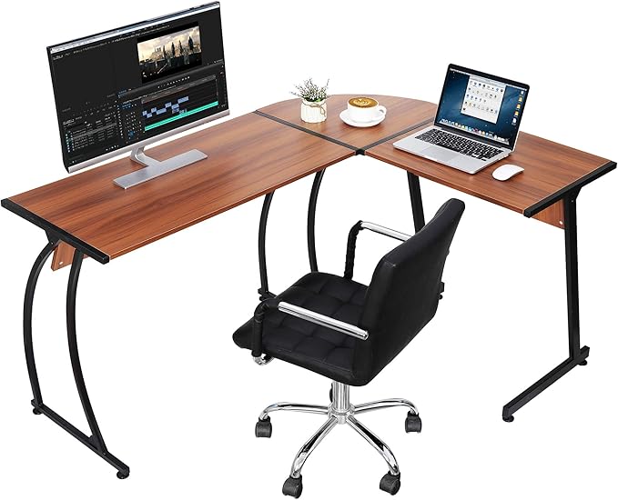 SUPER DEAL L-Shaped Corner Desk Computer Gaming Desk - 58 Inch Modern Home PC Table Office Writing Workstation Bright Walnut