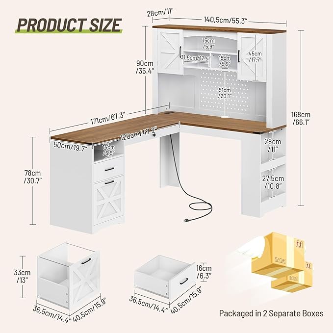 67'' L Shaped Executive Desk with Hutch Farmhouse Corner Computer Desk with File Drawer Wooden Office Desk with Storage Shelves and LED Lights for Home Office White Walnut