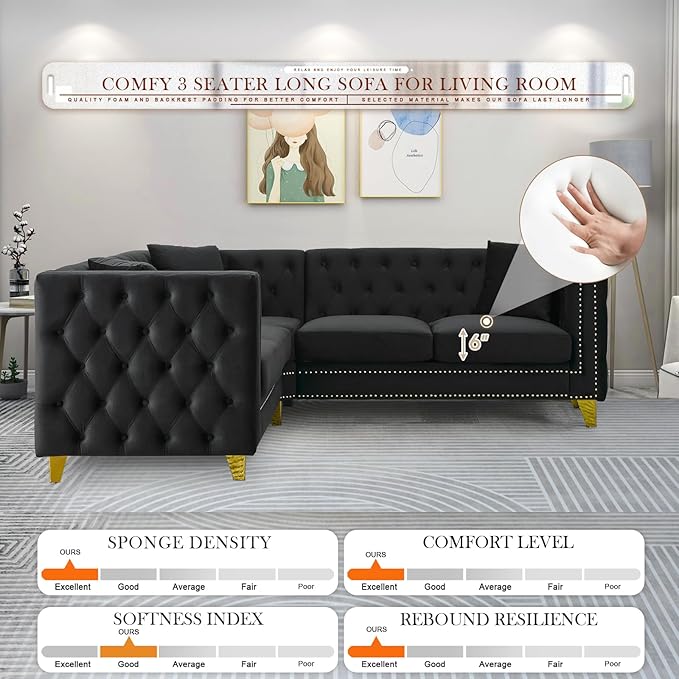 Velvet L Shaped Sofa Couch Upholstered Sectional Couch with Tufted Back and Rivet Decoration Modern 5 Seater Corner Sofa with Golden Tapered Legs and 3 Pillows Comfy Couches for Living Room Black