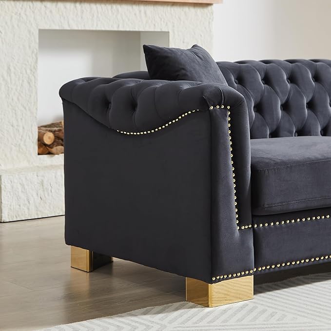 2 Pieces Chesterfield Sofa Set Tufted Velvet Couch with Rolled Arms Mid Century Modern Couch and Loveseat Sets with Nailhead Trim&ampGold Legs Comfy Deep Seat Couches Living Room Furniture (Black)