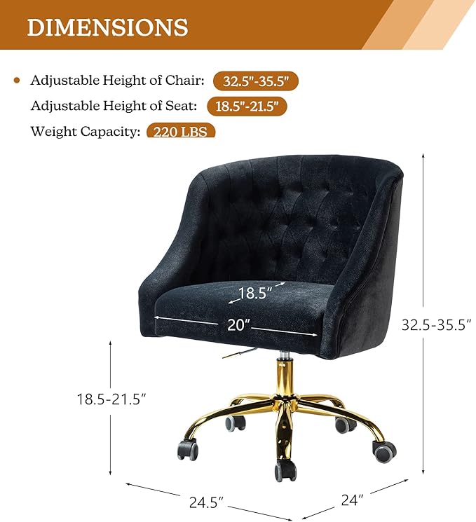Velvet Home Office Chair with Gold Base Comfortable Modern Cute Desk Chair Adjustable Swivel Task Chair for Living Room Bedroom Vanity Study Black