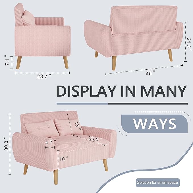 Shintenchi Small Modern Loveseat Couch Sofa Mid Century Fabric Upholstered 2-Seat Sofa Couch Love Seats Furniture for Small SpaceLiving RoomStudioApartment with 2 Pillows Pink