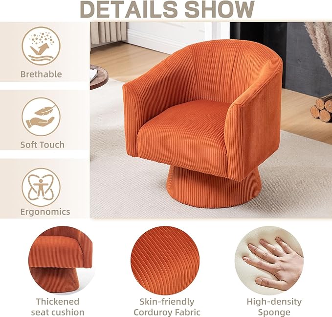 Swivel Accent ChairModern 360° Swivel Barrel Chair Corduroy Upholstered Single Sofa for Living Room Bedroom(Orange)