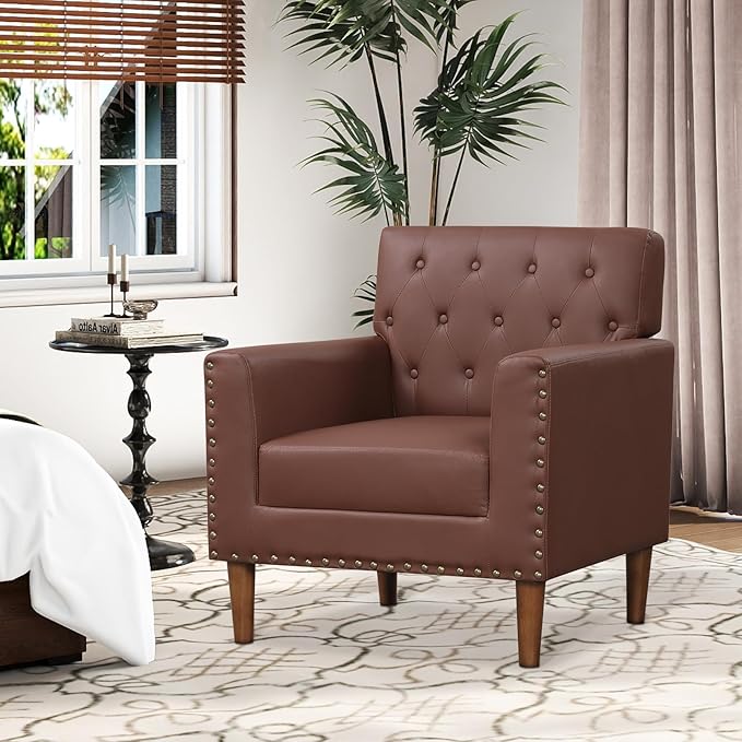 KOMFOTT Mid Century Modern Accent Chair Faux Leather Upholstered Armchair with Button Tufted Decoration &amp Rivets Rubber Wood Legs Soft Padded Seat Cushion Single Sofa for Living Room Home