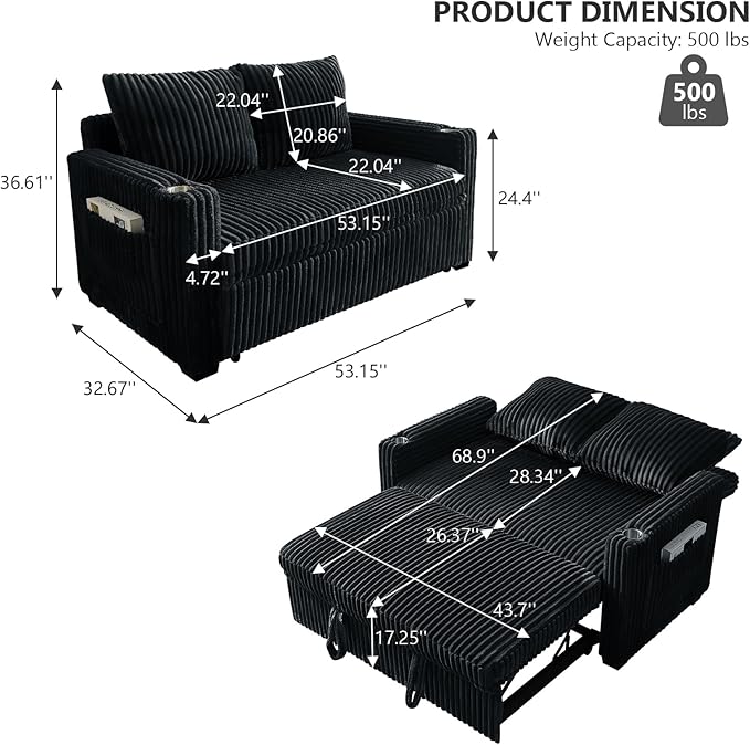 Hommoo Sleeper Sofa Couch with Pull Out Bed Convertible 3 in 1 Futon Lounge Sofa Small Love Seat for Living Room Apartment Comfy Corduroy Reclining Back with Cup Holder and USB Ports 53 Black