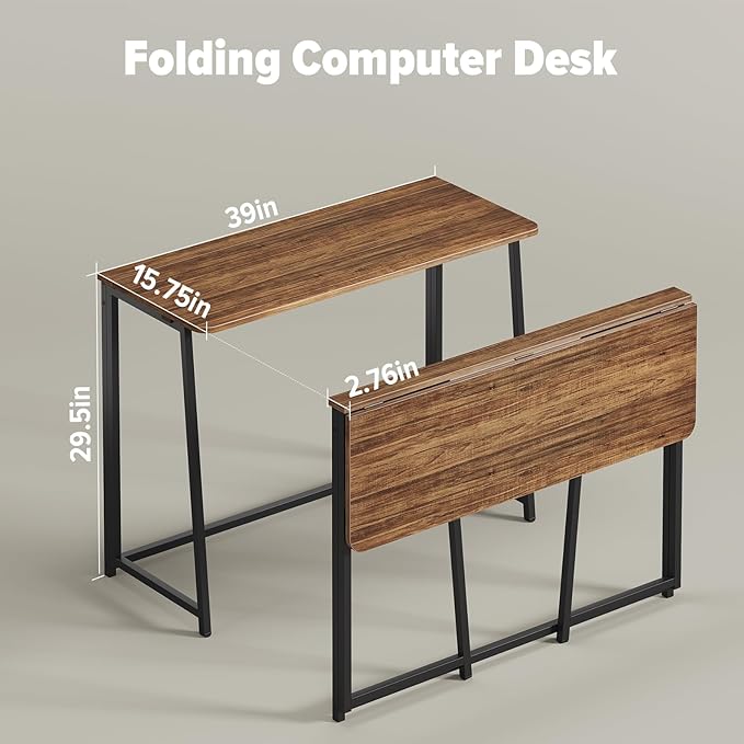 WOHOMO Folding Desk Small Writing Desk 39.4 Space-Saving Foldable Laptop Table Writing Workstation for Home Office Easy Assembly Rustic Walnut