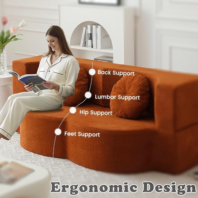 76 Convertible Folding Futon Sofa Bed Queen Sleeper Sofa with Pillow Teddy Fabric Floor &amp Futon Loveseat Couch Foam Folding Mattress Sleeper for Living Room Guest Use OfficeApartment(Orange
