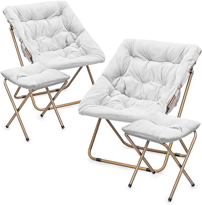 MoNiBloom Square Folding Faux Fur Saucer Chair for Bedroom Living Room Dorm Foldable Metal Frame Oversized Large Comfy Furry Padded Soft Cozy Moon Chair with Footrest Ottoman for Adults (White 2 Set)