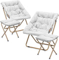 MoNiBloom Square Folding Faux Fur Saucer Chair for Bedroom Living Room Dorm Foldable Metal Frame Oversized Large Comfy Furry Padded Soft Cozy Moon Chair with Footrest Ottoman for Adults (White 2 Set)