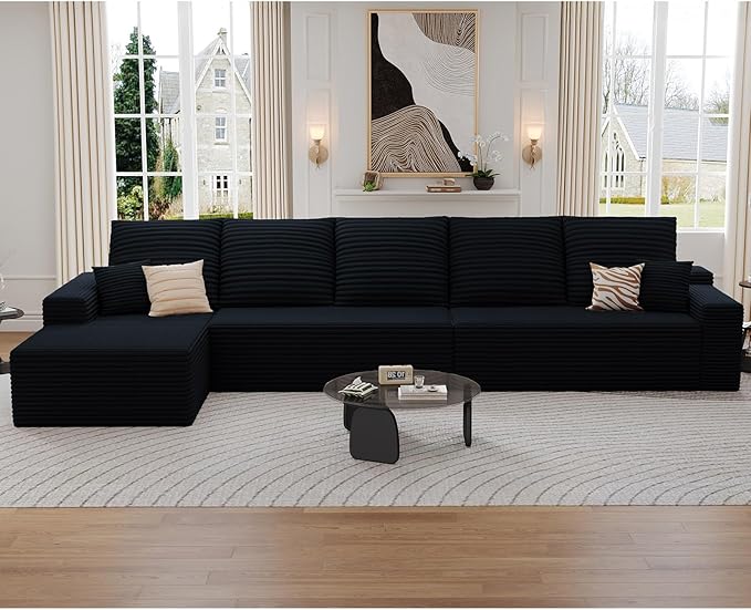 166.9 Cloud Sectional Couch with L-Shape Chaise Modern Modular 4-Seater Sofa with Deep Seat Corduroy Upholstered Couches for Living Room Bedroom No Assembly Required(Black Left Facing)