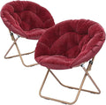 Cozy Saucer Chair Living Room Chair Faux Fur Soft Thick Padded Seat Metal Frame Folding Chair Comfortable Moon Chair for Living Room Bedroom Reading Nook Modern Style 2 Pack Red