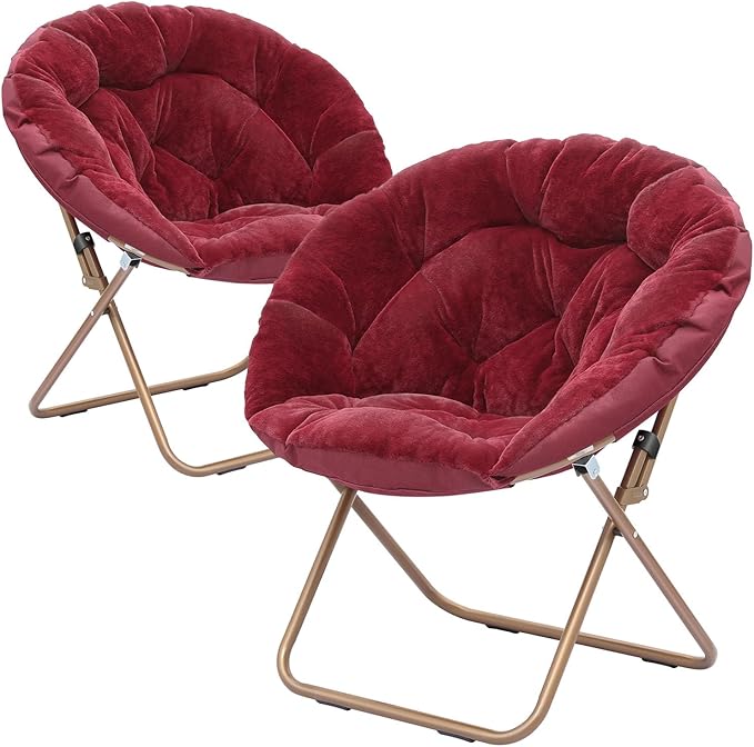 Cozy Saucer Chair Living Room Chair Faux Fur Soft Thick Padded Seat Metal Frame Folding Chair Comfortable Moon Chair for Living Room Bedroom Reading Nook Modern Style 2 Pack Red