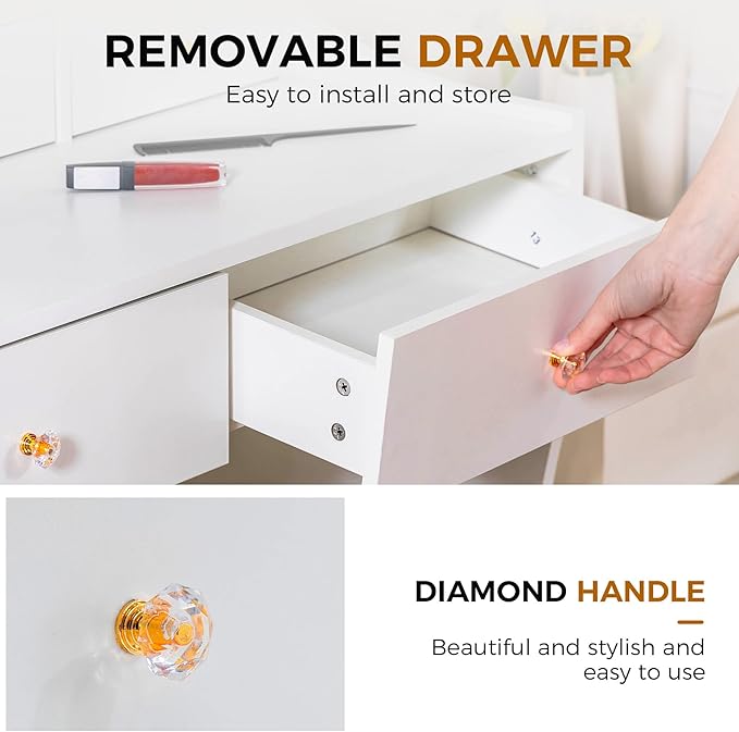 COMHOMA Makeup Vanity Desk with Mirror and Lights Vanity Table and Chair Set with 4 Drawers &amp Charging Station Bedroom Dressing Table Stepless Dimmable &amp 3 Color Modes Adjustable White
