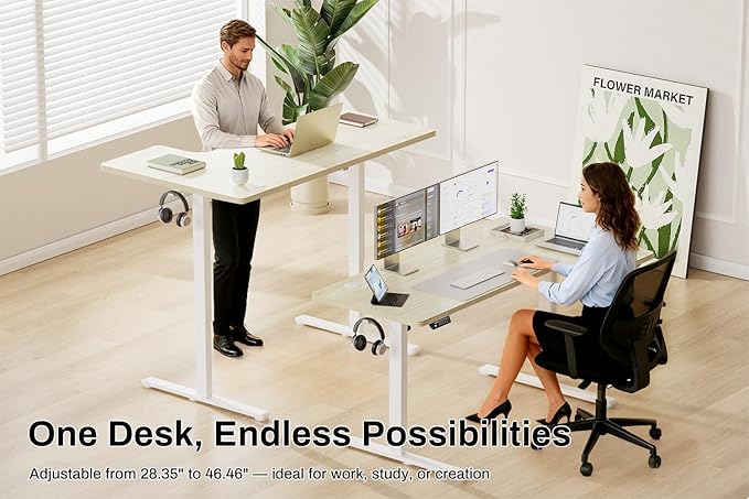 EcoZen Standing Desk Electric Height Adjustable Desk 55 x 33.5 Inches L Shaped Sit Stand up Desk Computer Home Office Desk Memory Preset with Two-Piece Fir Wood Desktop (Natural 55 * 33.5 Inch)