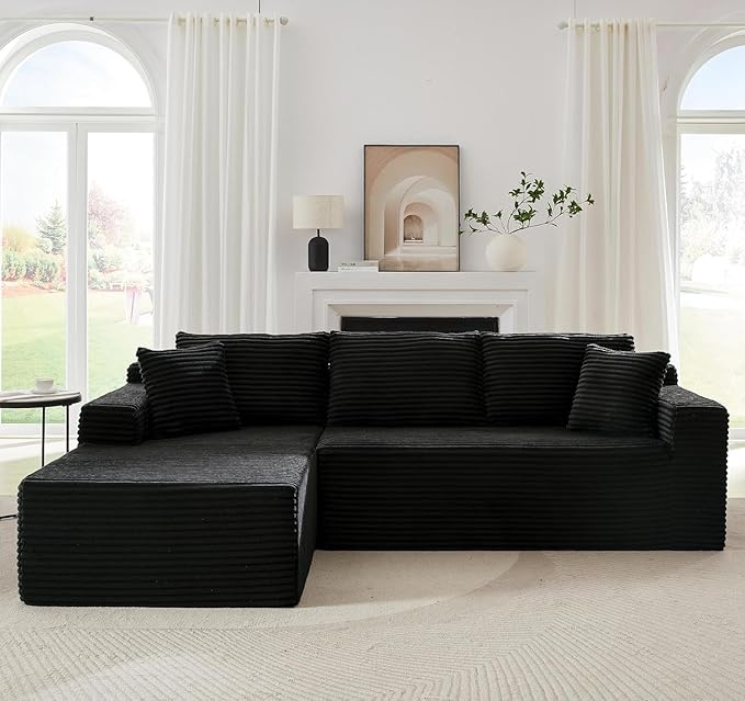 Cloud Sectional Couch Corduroy Modular Sectional Sofa with L-Shape Chaise Modern Boneless Couch Comfy Deep Seat for Living Room Bedroom No Assembly (Black Left Facing Chaise)