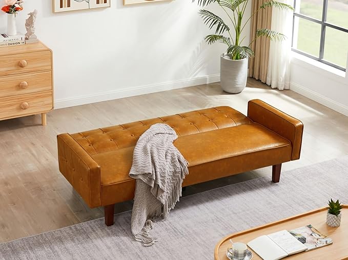 Futon Sofa Bed Convertible Sleeper Sofa Loveseat Couch PU Leather Sofabed with Wooden Legs for Small Spaces Room Home Office Hotel with Adjustable Backrest Reclining (Brown)