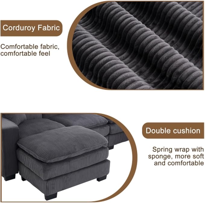 Modern U Shaped 6-seat Sectional Sofa Couch with one Ottoman and Three toss PillowsModular Sofa for Living RoomCorduroy Sofa (GreyCorduroy-7 Seat)