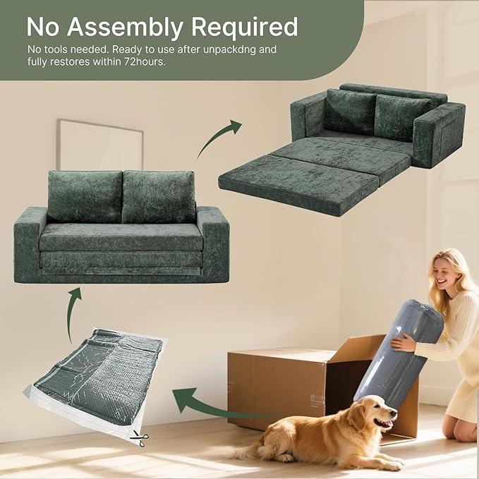 Convertible Sofa Bed Pull Out Loveseat Sleeper Couch with Pillows 2 in 1 Foldable Couch Bed with detachable mattress Modern Chenille Floor Futon Sofa with Pillows for Living Room Bedroom (Green)