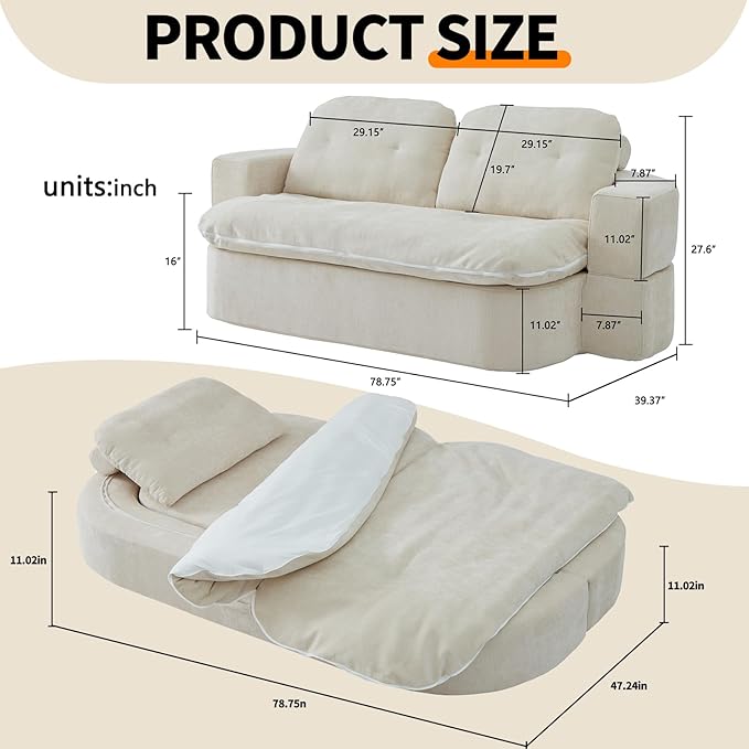 JustYes 78.7'' Convertible Boneless Couch Bed - Pull-Out Lazy Lounge Sleeper Sofa Memory Foam Folding Futon for Living Room Bedroom Dorm &amp Office Beige