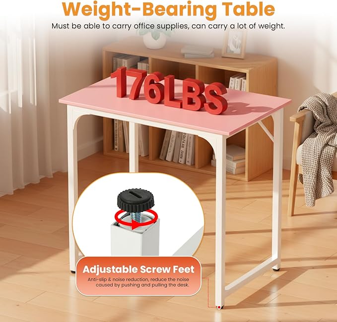 PayLessHere | 32 Inch Computer Desk | Pink | Office Desk with Metal Frame Adjustable Feet | Water-Resistant Scratchproof Surface | Sturdy Writing Table for Home Office or Study | Pack of 1