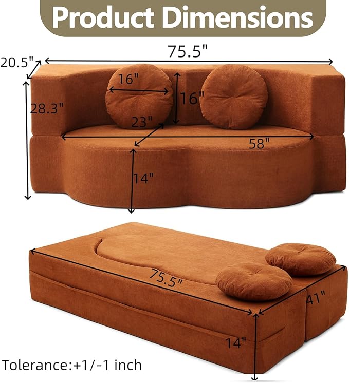 2-In-1 Futon Sofa Bed Foldable Couch with 2 Pillows Convertible Foldable Sofa Bed Folding Sofas Beds for Living Room Guest Room Apartment Office Lazy Sleeper Comfy No Assembly (Orange)