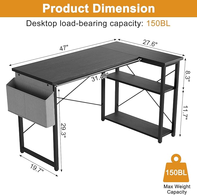 Grandder L Shaped Computer Desk with Reversible Shelves 47 Inch Small Corner Desk with Storage Bag Gaming Desk Computer Table Study Writing Table for Home Office Bedroom Small Space Black