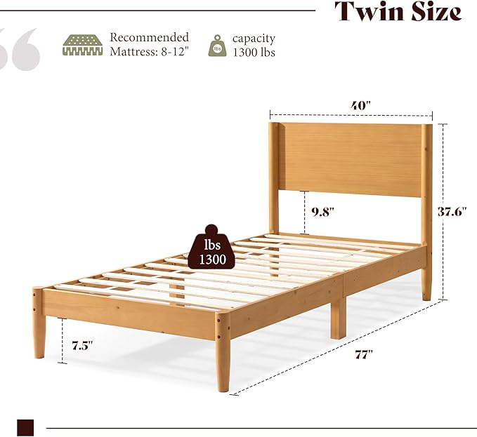 AMERLIFE Solid Wood Twin Bed Frame Mid Century Modern Platform Bed with Full Panel Headboard Noise-Free &amp Cylindrical Legs No Box Spring Needed Under-Bed Storage Natural Wood