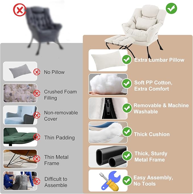 Lazy Chair with Ottoman Modern Accent Chair with Lumbar Pillow Beige Sofa Armchairs with Folding Footrest Oversized Supportive Chairs for Bedroom Reading
