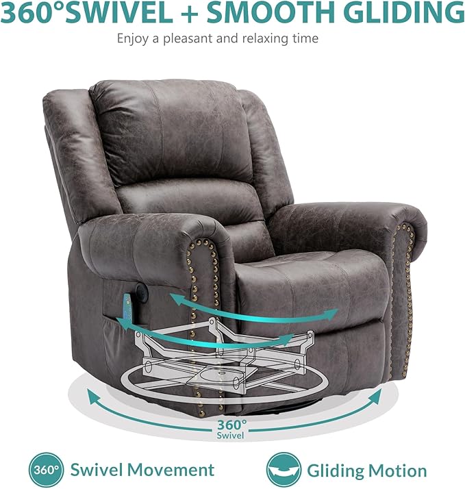 MEETWARM Massage Swivel Rocker Recliner with Heat and Vibration Manual Glider Rocking Recliner Chair 360°Swivel Lounge Reclining Chair with Remote Control/USB Ports for Living Room(Gray)
