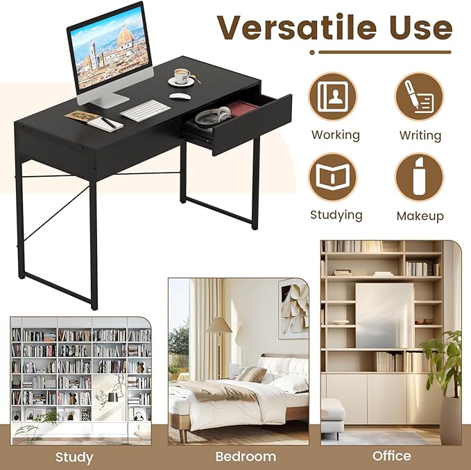 Tangkula Computer Desk with 2 Drawers 44 Inch Home Office Desk with Metal Frame &amp Anti-Toppling Device Modern Writing Desk Study Desk Compact Laptop PC Desk for Small Space (Black)