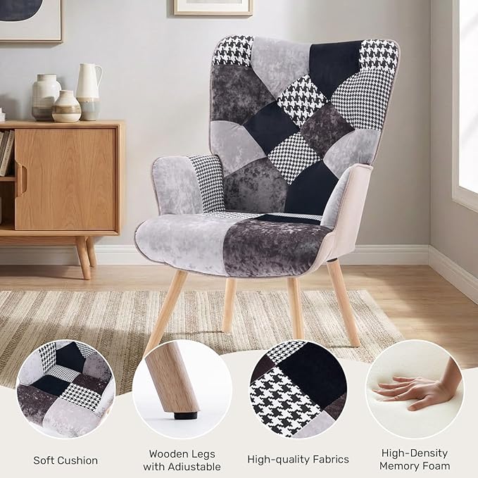 Joysoul Living Room Accent Chair Modern High Back Arm Chair Houndstooth Pattern Bohemian Style Chairs for Bedroom Waiting Room