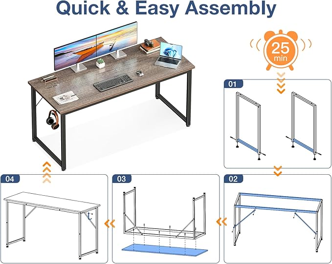 Casaottima 54 Inch Computer Desk for Home Office Study Writing Table for Small Spaces Simple Modern Desk with Headphone Hooks Grey Oak