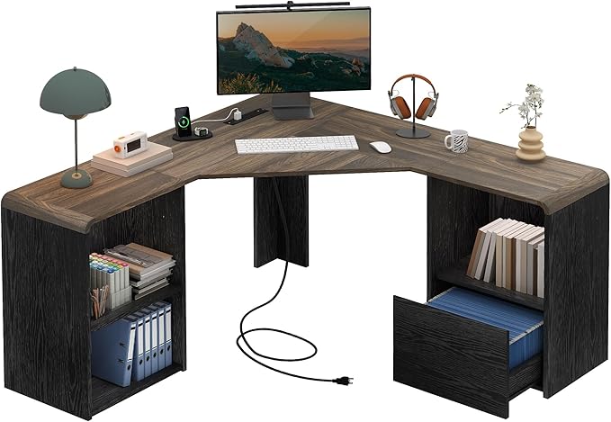 60 L Shaped Desk with File Drawer Modern Corner Computer Desk with Storage L Shape Home Office Desk Executive Desk with Power Outlets Storage Shelves File Cabinet for Working Writing Black