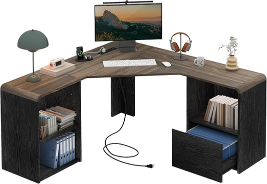 60 L Shaped Desk with File Drawer Modern Corner Computer Desk with Storage L Shape Home Office Desk Executive Desk with Power Outlets Storage Shelves File Cabinet for Working Writing Black