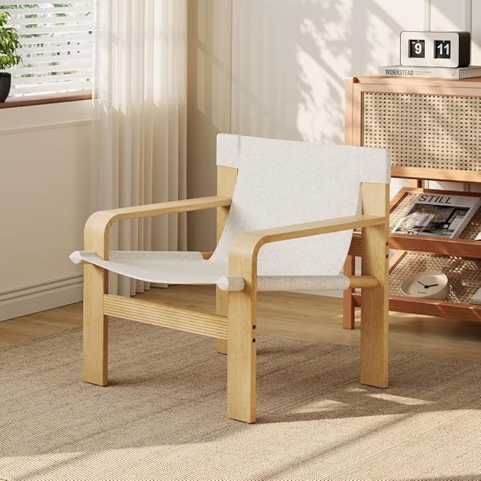 Detachable and Washable Oak Accent Chair Wide Armrest Mid-Century Lounge Chair Linen Fabric Armchair &amp Solid Wood Frame for Living Room Bedroom Balcony (White) (White + Wood+Fabric + Oak)