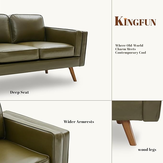Kingfun Living Room Furniture Sets 3 Seater Couch and Armchair Mid Century Modern Sofa Set Faux Leather Couch with Solid Wood Frame for Living Room &amp Bedroom Olive Green