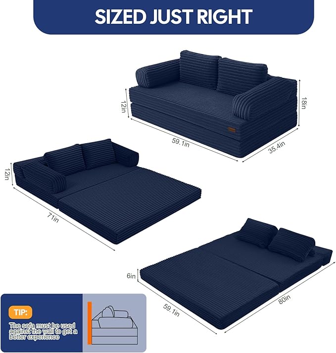 MeMoreCool Convertible Sofa Bed Folding Floor Couch Bed Queen Pull Out Sleeper Couch with Pillows Fold Out Futon Sofa for Bedroom Living Room Small Space Corduroy Beige