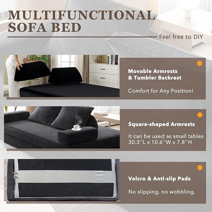 Futon Sofa Bed King Size Boneless Sleeper Sofa Oversized Chenille Foldable Couch Convertible Floor Couches Modern Folding Mattress Daybed for Gaming Living Room Apartment Dark Grey