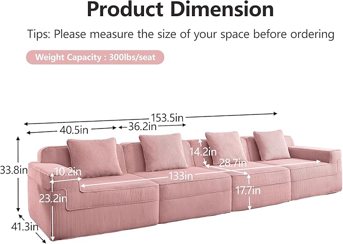 153.5 Boneless Sectional Couch for Living RoomCorduroy Cloud Sofa with Deep Seats and Wide Armrests Memory Foam Sofa 4 Seater Pink Sofa for Apartments