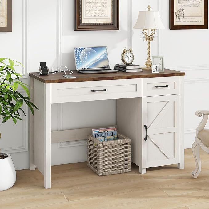 Farmhouse 47 Executive Desk Computer Desk with Drawers and Storage Cabinet Workstation Computer Desk for Home Office and Study Unique White