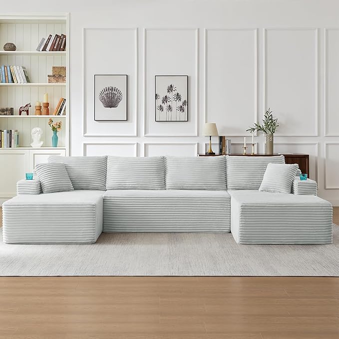 134 Inch U-Shaped Sectional Couch Oversized Modular Corduroy Sofa with Double Chasies 4-Seater Modern Deep Seat Boneless Cloud Couch for Living Room No Assembly Required Light Gray