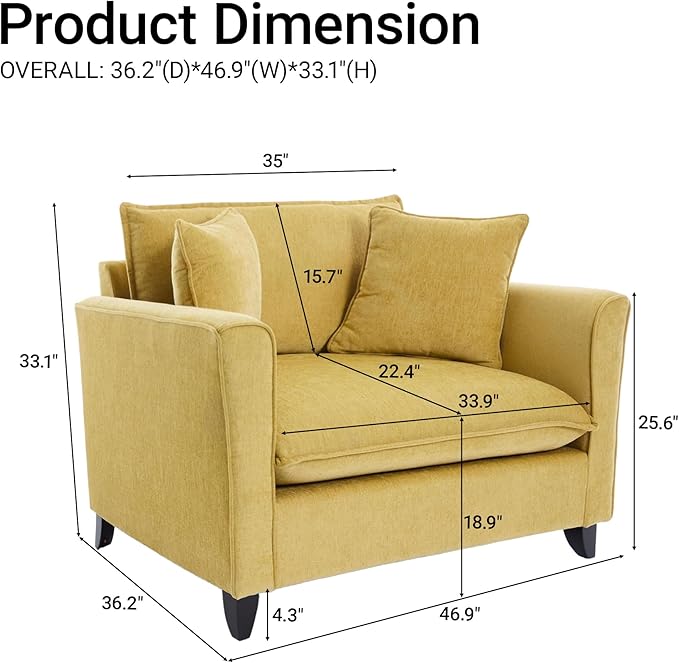 ERYE 46.9 Chenille Upholstered Accent Chair Wide Seat for Living Room Bedroom Modern Leisure Cushion Armchair W/ 2 Pillows and Removable Cover for Home Apartment Office
