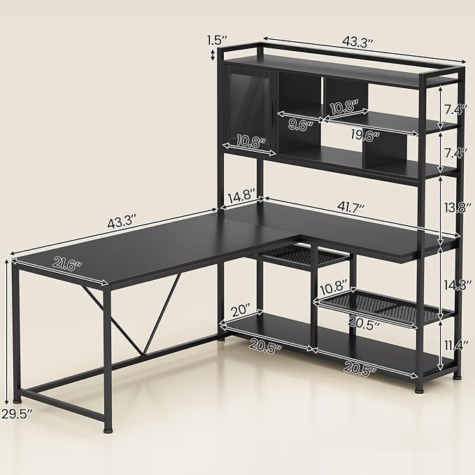 SEDETA L Shaped Computer Desk 58'' Office Desk with LED Light and Bookshelf L Shaped Corner Desk with Storage Shelves for Home Office Gaming Desk L Desk Black
