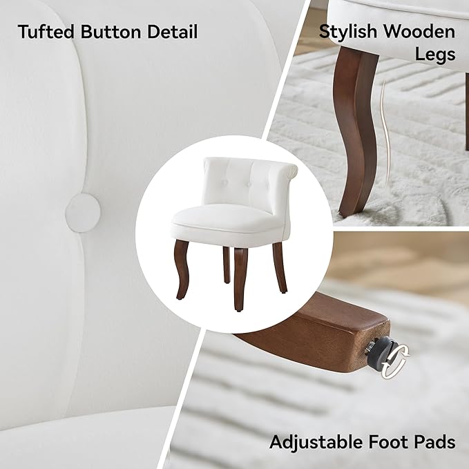 Velvet Vanity Chair with Back Tufted Upholstered Vanity Stool with Solid Wood Legs Mid Century Small Makeup Chair for Vanity Accent Chair for Bedroom Living Room White